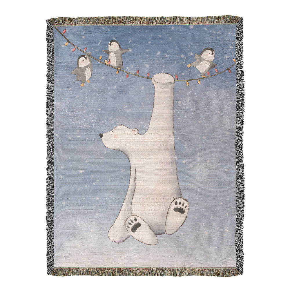 Polar Bear and Penguins Woven Blanket | Cozy Christmas Throw | Hanging on Lights Festive Winter Decor