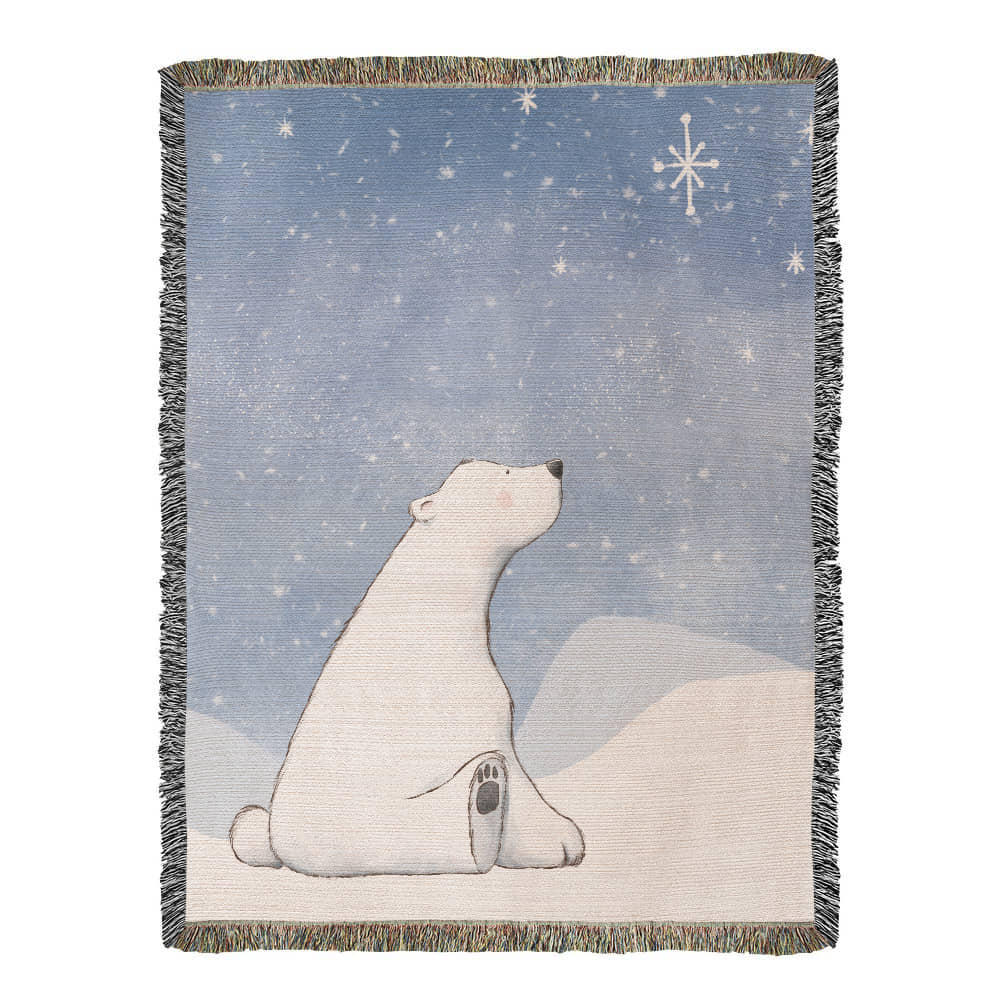 Polar Bear Woven Blanket | Cozy Winter Throw | Sitting in Snow Under Starry Night | Festive Holiday Home Decor